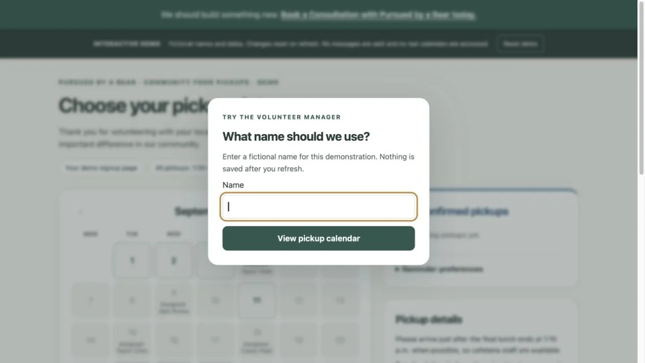 Volunteer pickup signup overview showing a monthly calendar, selected dates, and pickup instructions.
